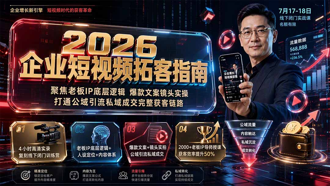 （19667期）2026企业短视频拓客指南：聚焦老板IP底层逻辑，爆款文案镜头实操，打通公域引流私域成交完整获客链路|无忧资源社