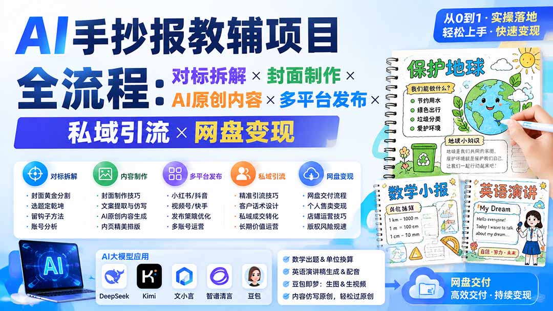 （19785期）AI手抄报教辅项目全流程：对标拆解×封面制作×AI原创内容×多平台发布×私域引流×网盘变现|无忧资源社