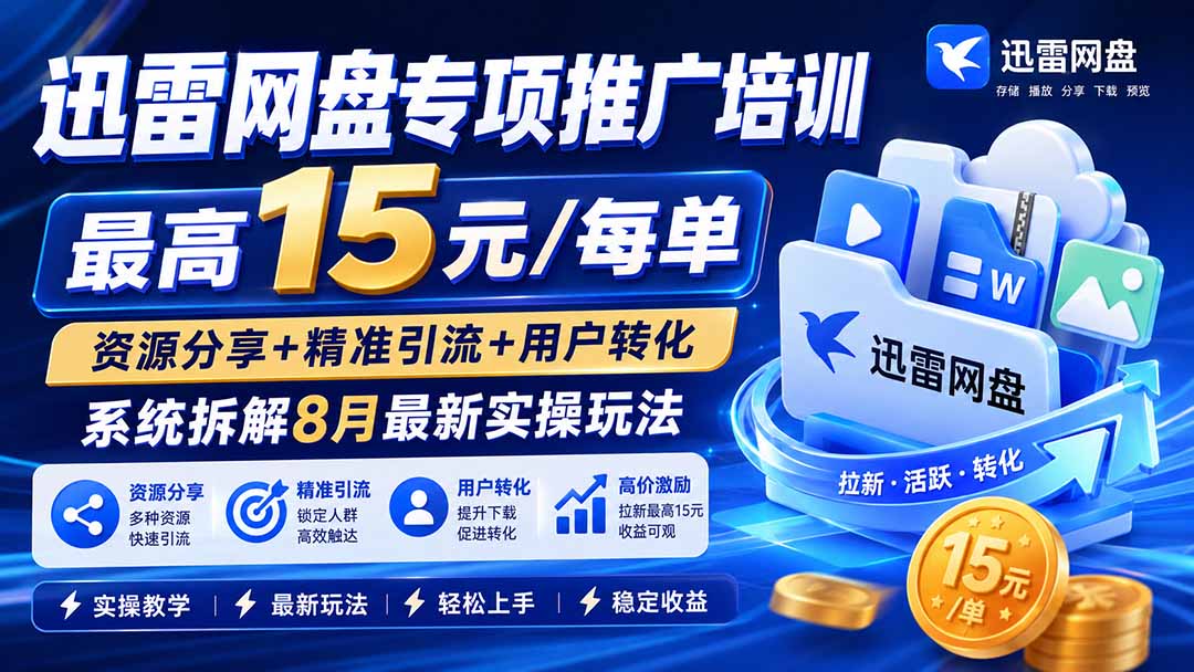（20050期）迅雷网盘专项推广培训-更新0824——最高15元/每单，资源分享+精准引流+用户转化，系统拆解最新实操玩法|无忧资源社