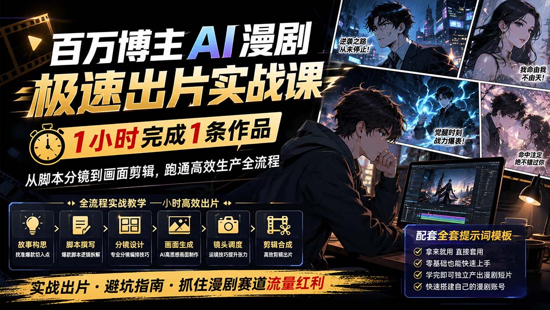 （20173期）百万博主AI漫剧极速出片实战课：1小时产出条作品，从脚本分镜到画面剪辑，跑通高效生产全流程|无忧资源社