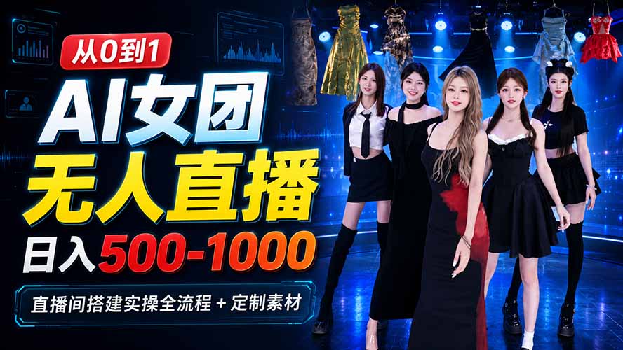 （20051期）AI 女团无人直播，躺入500‑1000每天，直播间搭建实操全流程+定制素材|无忧资源社
