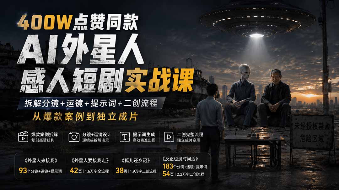 （20052期）400W点赞同款AI外星人感人短剧实战课：拆解分镜+运镜+提示词+二创流程，从爆款案例到独立成片|无忧资源社