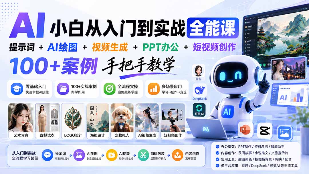 （20018期）AI小白从入门到实战全能课：提示词+AI绘图+视频生成+PPT办公+短视频创作，100+案例手把手教学|无忧资源社
