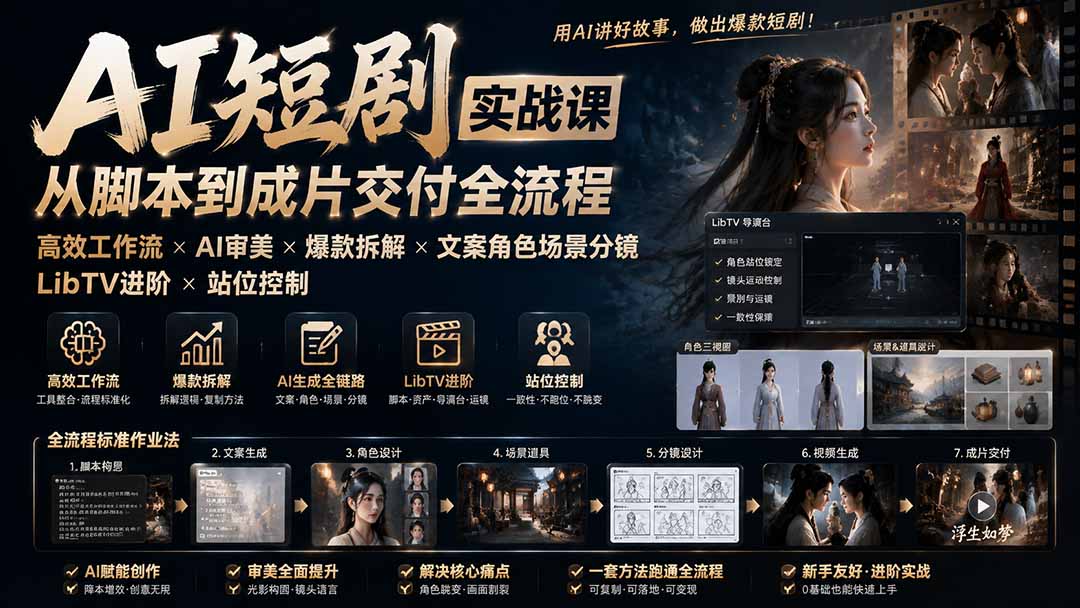 （19717期）AI短剧实战课：高效工作流×AI审美×爆款拆解×文案角色场景分镜×LibTV进阶×站位控制×从脚本到成片交付全流程|无忧资源社