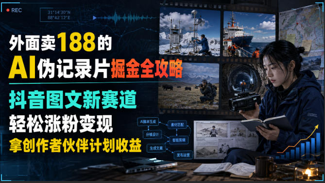 外面卖188的AI伪记录片掘金全攻略，抖音图文新赛道，轻松涨粉变现，拿创作者伙伴计划收益【文档】|无忧资源社