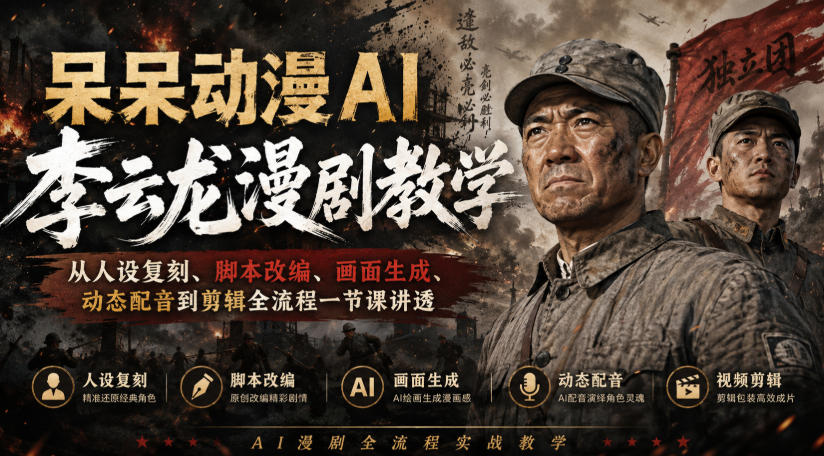 呆呆动漫AI李云龙漫剧教学，从人设复刻、脚本改编、画面生成、动态配音到剪辑全流程一节课讲透|无忧资源社