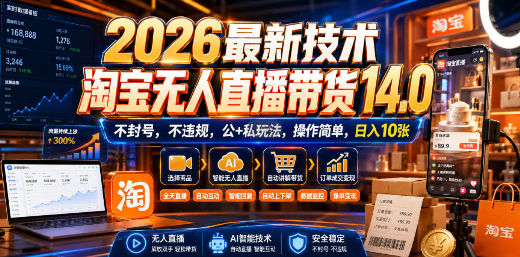 2026最新技术，淘宝无人直播带货14.0，不封号，不违规，公+私玩法，操作简单，日入10张【揭秘】|无忧资源社