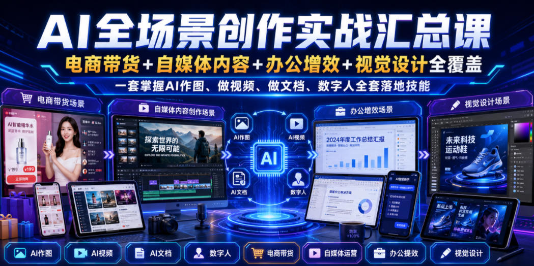 AI全场景创作实战汇总课｜电商带货+自媒体内容+办公增效+视觉设计全覆盖，一套掌握AI作图、做视频、做文档、数字人全套落地技能|无忧资源社