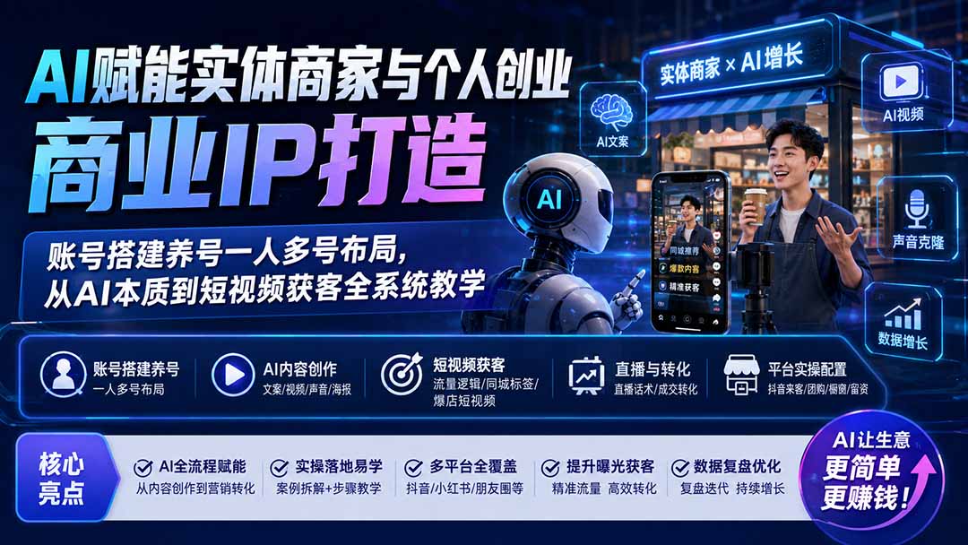 （19852期）AI赋能实体商家与个人创业商业IP打造；账号搭建养号一人多号布局，从AI本质到短视频获客全系统教学|无忧资源社
