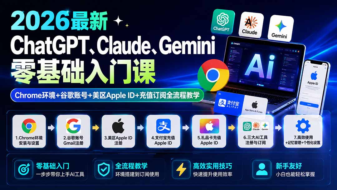 （19923期）2026最新ChatGPT、Claude、Gemini零基础入门课：Chrome环境+谷歌账号+美区Apple ID+充值订阅全流程教学|无忧资源社