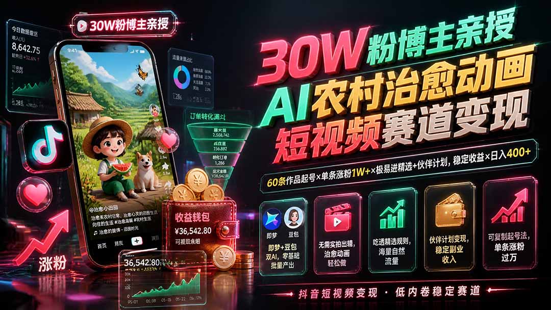 （19648期）30W粉博主亲授AI农村治愈动画短视频赛道变现：60条作品起号×单条涨粉1W+×极易进精选+伙伴计划，稳定收益×日入400+|无忧资源社