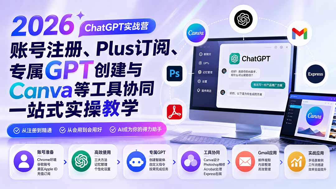 （19924期）2026 ChatGPT实战营；账号注册、Plus订阅、专属GPT创建与Canva等工具协同一站式实操教学|无忧资源社