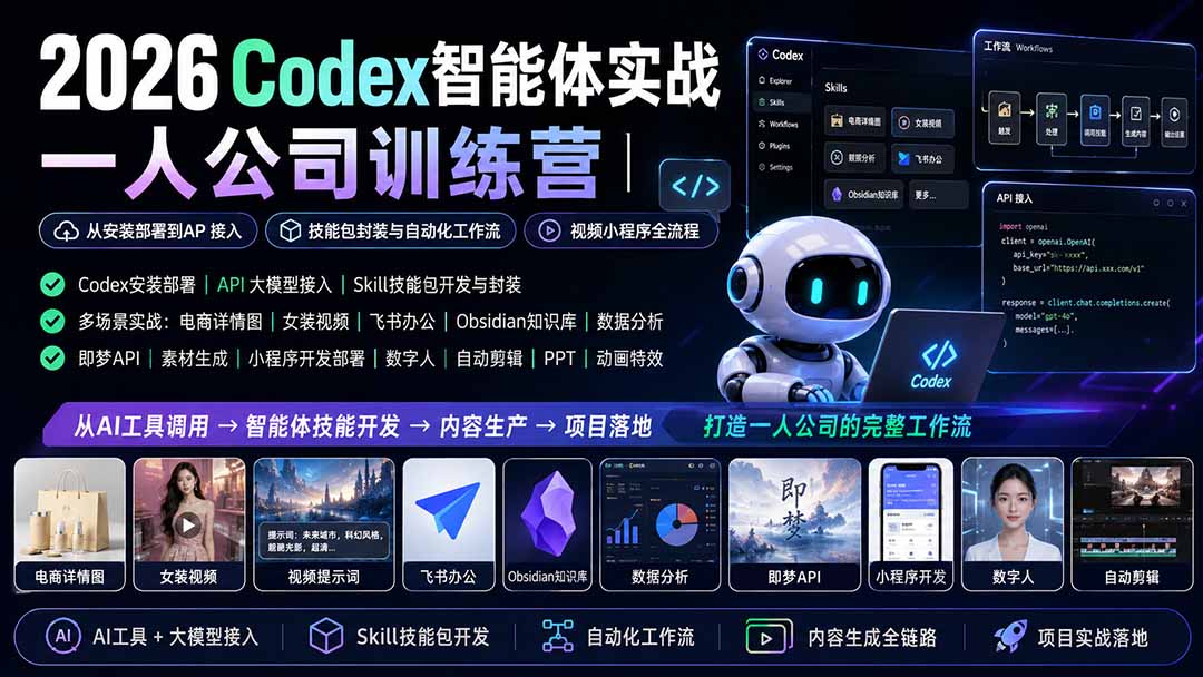 （19876期）2026Codex智能体实战｜一人公司训练营｜从安装部署到API接入｜技能包封装与自动化工作流｜视频小程序全流程|无忧资源社