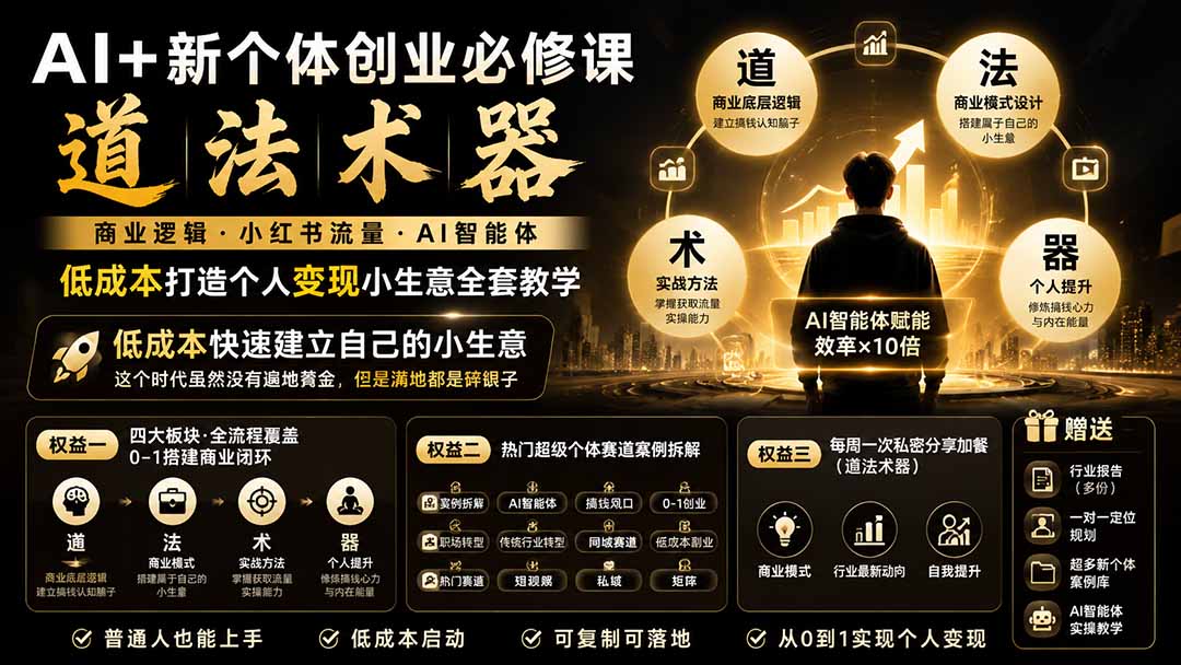 （19738期）AI+新个体创业必修课｜道法术器｜商业逻辑·小红书流量·AI智能体｜低成本打造个人变现小生意全套教学|无忧资源社