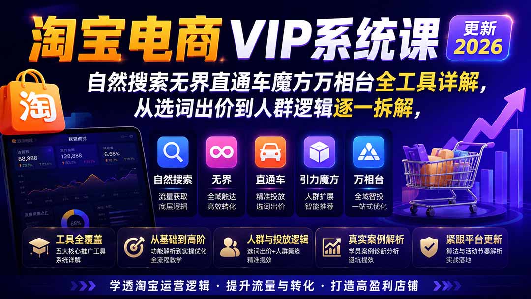 （20035期）淘宝电商VIP系统课-更新8月；自然搜索无界直通车魔方万相台全工具详解，从选词出价到人群逻辑逐一拆解|无忧资源社