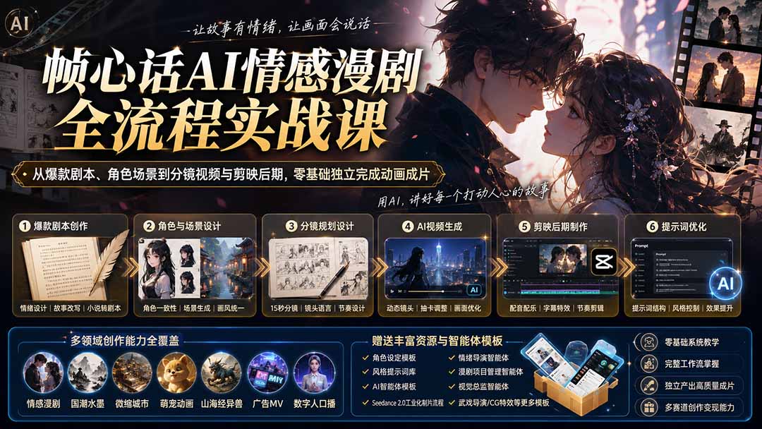 （20036期）帧心话AI情感漫剧全流程实战课：从爆款剧本、角色场景到分镜视频与剪映后期，零基础独立完成动画成片|无忧资源社