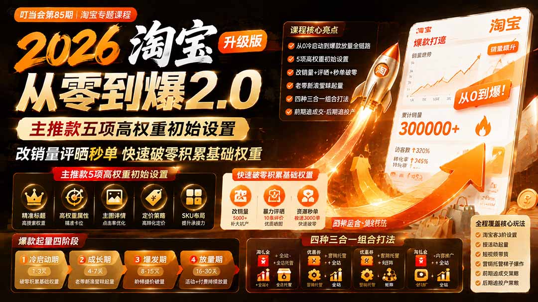 （19742期）2026淘宝从零到爆2.0第85期；主推款五项高权重初始设置，改销量评晒秒单快速破零积累基础权重|无忧资源社