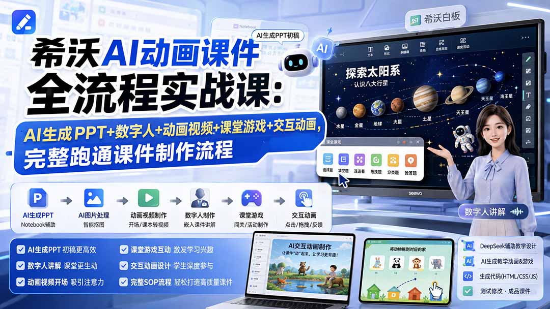 （19743期）希沃AI动画课件全流程实战课：AI生成PPT+数字人+动画视频+课堂游戏+交互动画，完整跑通课件制作流程|无忧资源社