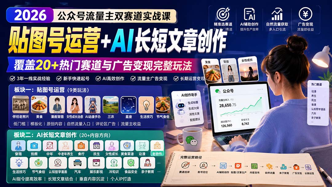 （20153期）公众号流量主双赛道实战课：贴图号运营+AI长短文章创作，覆盖20+热门赛道与广告变现完整玩法|无忧资源社