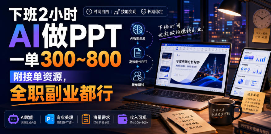 下班2小时AI做PPT,一单300~800,附接单资源,全职副业都行【揭秘】|无忧资源社