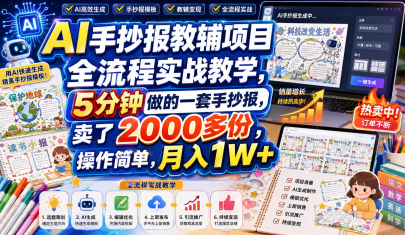 AI手抄报教辅项目全流程实战教学，5分钟做的一套手抄报，卖了2000多份，操作简单，月入1W+|无忧资源社