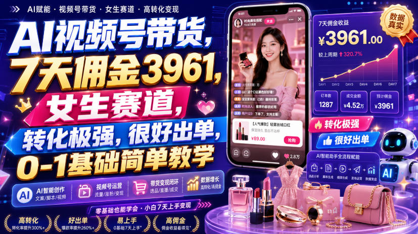AI视频号带货,7天佣金3961,女生赛道,转化极强,很好出单,0-1基础简单教学|无忧资源社