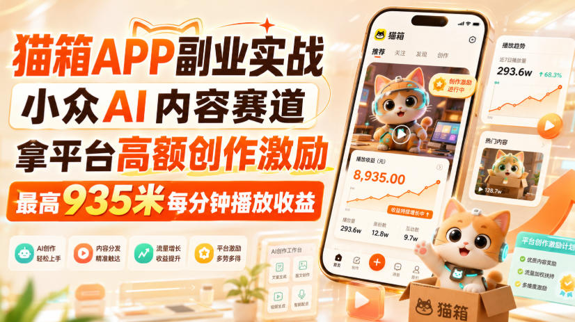 猫箱APP副业实战，小众AI内容赛道，拿平台高额创作激励，最高935米每分钟播放收益|无忧资源社