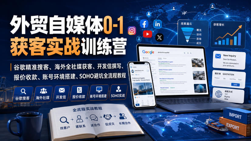 外贸自媒体0-1获客实战训练营｜谷歌精准搜客、海外全社媒获客、开发信撰写、报价收款、账号环境搭建、SOHO避坑全流程教程|无忧资源社