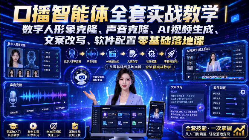 口播智能体全套实战教学｜数字人形象克隆、声音克隆、AI视频生成、文案改写、软件配置零基础落地课|无忧资源社