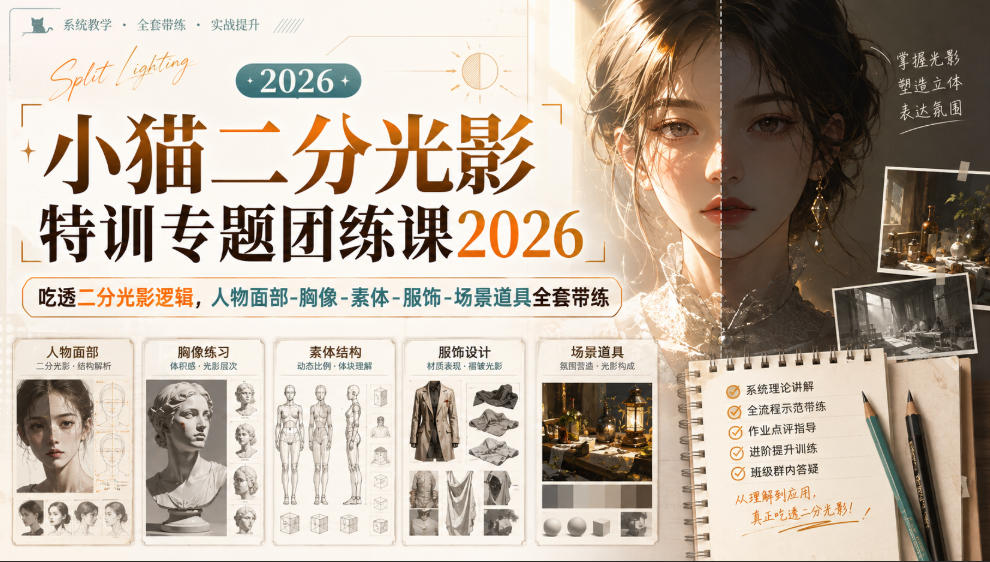 小猫二分光影特训专题团练课2026｜吃透二分光影逻辑，人物面部‑胸像‑素体‑服饰‑场景道具全套带练，高清画质附赠课件与笔刷|无忧资源社