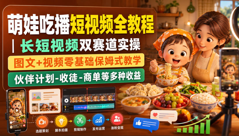 萌娃吃播短视频全教程｜长短视频双赛道实操，图文+视频零基础保姆式教学，伙伴计划-收徒-商单等多种变现方式|无忧资源社