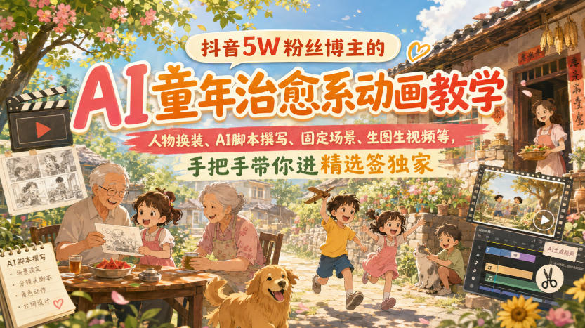 抖音5W粉丝博主的AI童年治愈系动画教学，人物换装、AI脚本撰写、固定场景、生图生视频等，手把手带你进精选签独家|无忧资源社