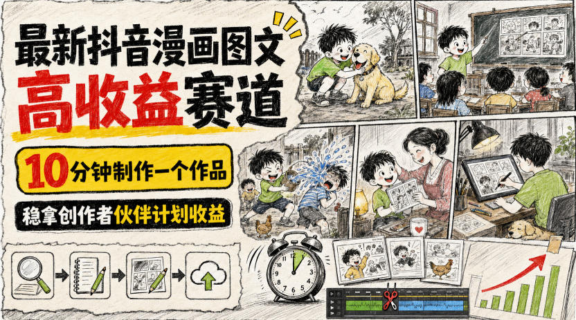 最新抖音漫画图文高收益赛道,10分钟制作一个作品,稳拿创作者伙伴计划收益|无忧资源社