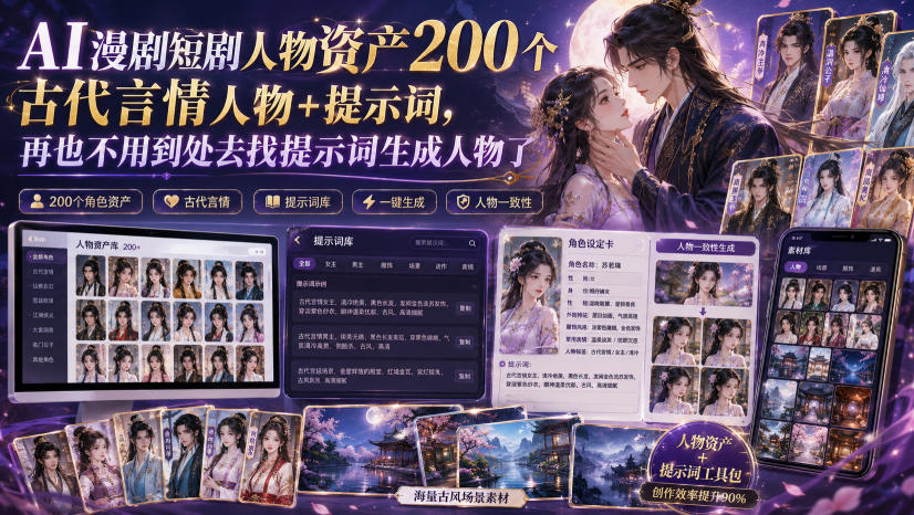 AI漫剧短剧人物资产200个古代言情人物+提示词,再也不用到处去找提示词生成人物了|无忧资源社