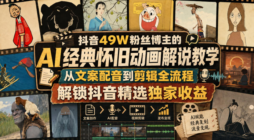抖音49W粉丝博主的AI经典怀旧动画解说教学，从文案配音到剪辑全流程，解锁抖音精选独家收益|无忧资源社