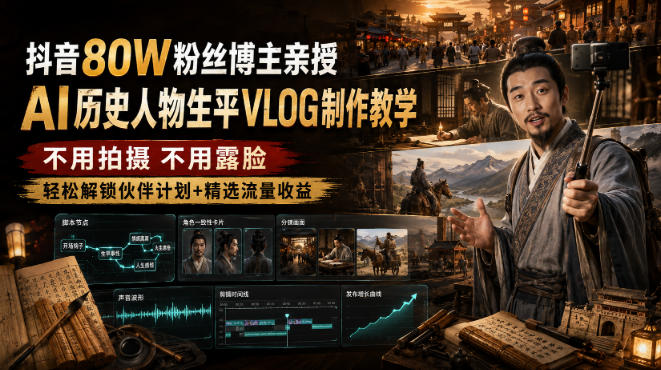 抖音80W粉丝博主的AI历史人物生平VLOG教学，不用拍摄不用露脸，AI帮你搞定，轻松解锁伙伴计划+精选收益|无忧资源社