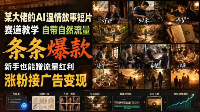 某大佬的AI温情故事短片赛道教学，自带自然流量，条条爆款，新手也能蹭流量红利，涨粉接广告变现|无忧资源社