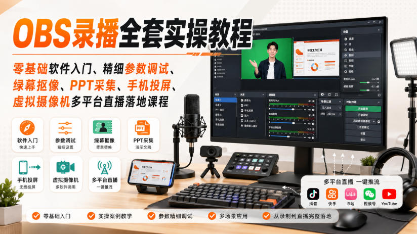 OBS录播全套实操教程｜零基础软件入门、精细参数调试、绿幕抠像、手机投屏、虚拟摄像机多平台直播落地课程|无忧资源社