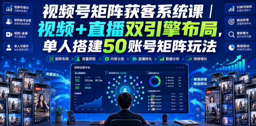 视频号矩阵获客系统课｜视频+直播双引擎布局，单人搭建50账号矩阵玩法，流量入池、搜索占位、全域引流沉淀私域全流程教学|无忧资源社