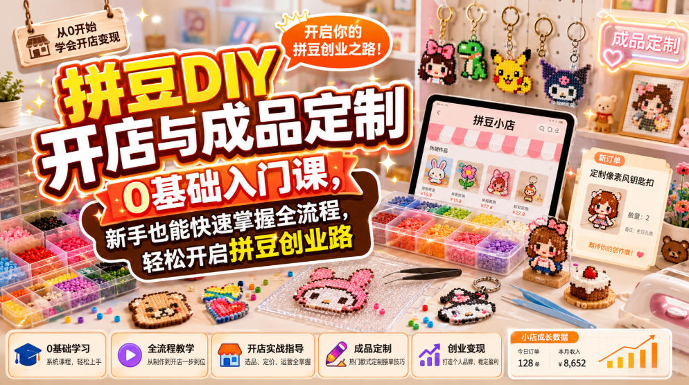 拼豆DIY开店与成品定制0基础入门课,新手也能快速掌握全流程,轻松开启拼豆创业路|无忧资源社