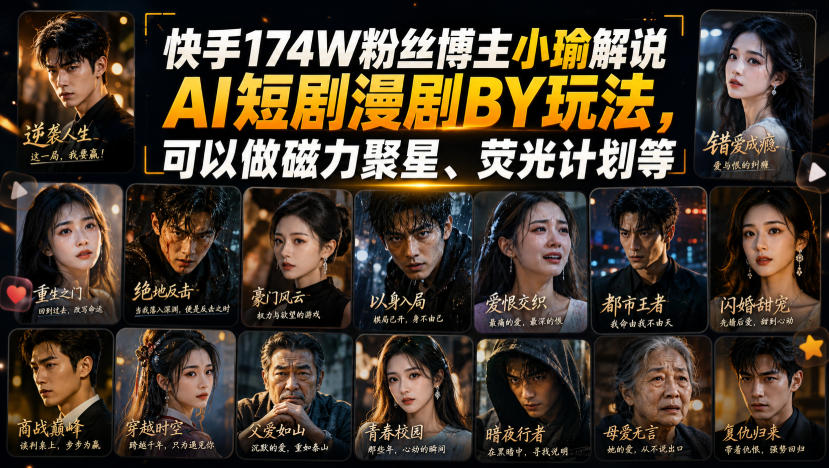 快手174W粉丝博主小瑜解说AI短剧漫剧搬运玩法，可以做磁力聚星、荧光计划等|无忧资源社