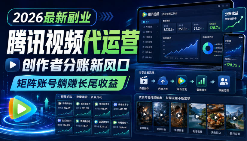 2026最新副业之腾讯视频代运营：创作者分账新风口，矩阵账号躺賺长尾收益【揭秘】|无忧资源社