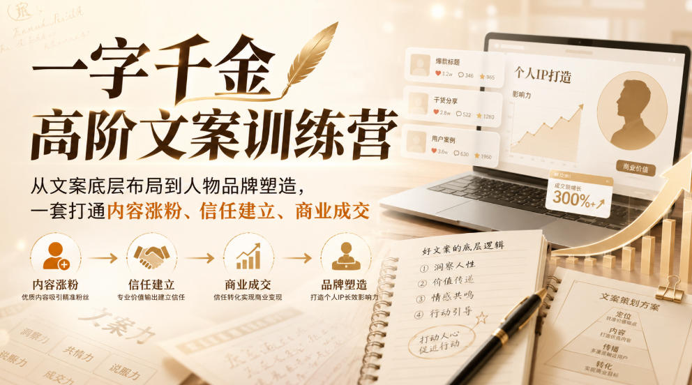 一字千金高阶文案训练营，从文案底层布局到人物品牌塑造，一套打通内容涨粉、信任建立、商业成交|无忧资源社