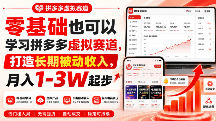 零基础也可以学习拼多多虚拟赛道，打造长期被动收入，月入1-3W起步|无忧资源社