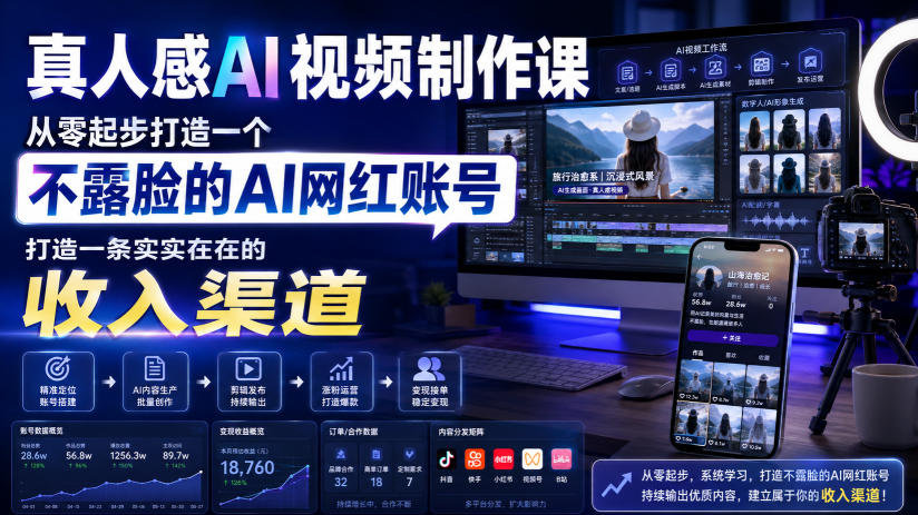 真人感AI视频制作课，从零起步打造一个不露脸的AI网红账号，打造一条实实在在的收入渠道【原创双语字幕】|无忧资源社