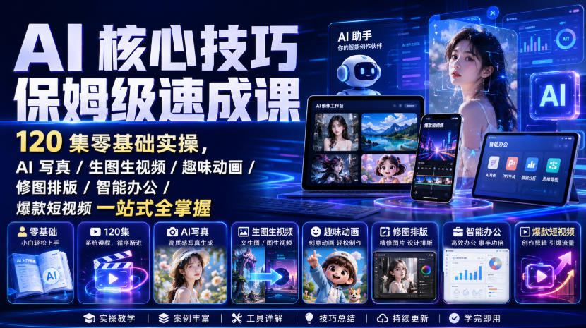AI核心技巧保姆级速成课｜120集零基础实操，AI写真/生图生视频/趣味动画/修图排版/智能办公/爆款短视频一站式全掌握|无忧资源社