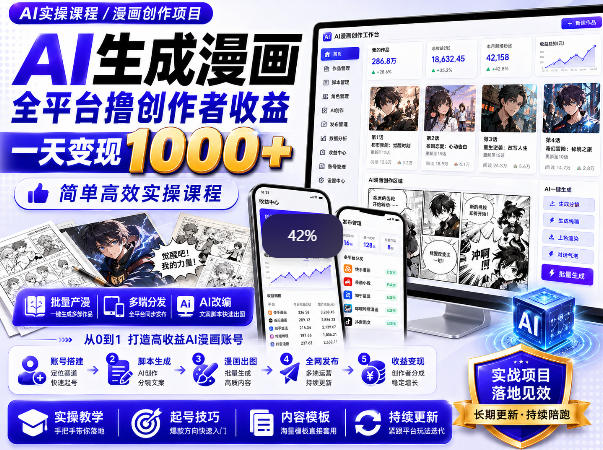 AI生成漫画全平台撸创作者收益内部课程,实操最高单日变现1k+|无忧资源社