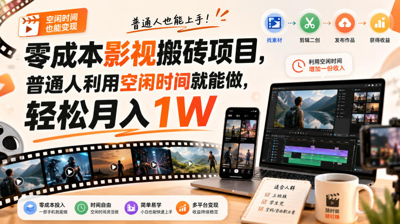 零成本影视搬砖项目，普通人利用空闲时间就能做，轻松月入1W【揭秘】|无忧资源社