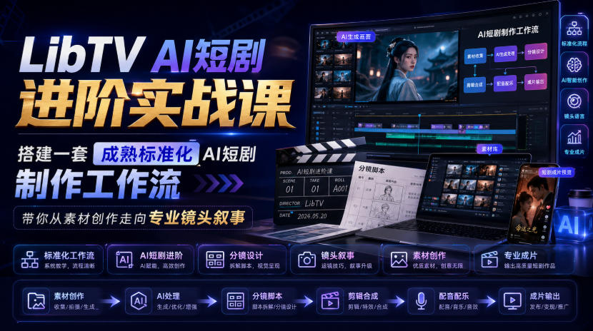 LibTV AI短剧进阶实战课,搭建一套成熟标准化AI短剧制作工作流,带你从素材创作走向专业镜头叙事|无忧资源社