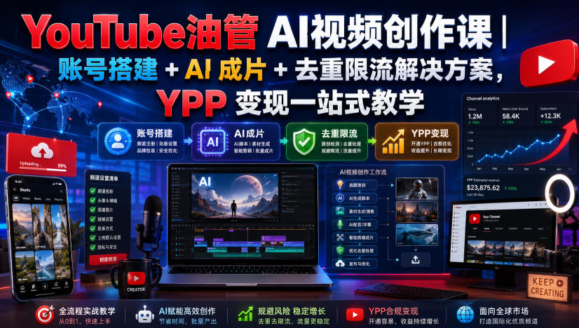 YouTube油管AI视频创作课｜账号搭建+AI成片+去重限流解决方案，YPP变现一站式教学|无忧资源社